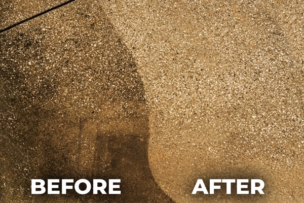Before and after photo of a washed concrete surface to show results
