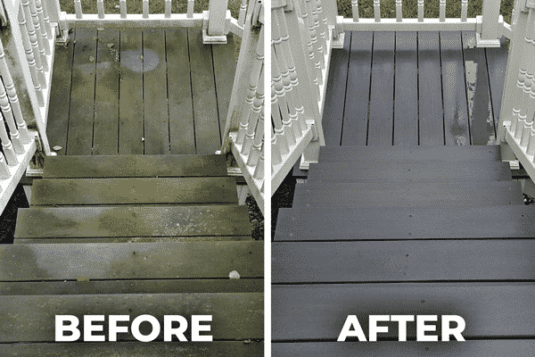 Before and after photo of deck power washing. Left picture has algae all over composite steps. Right picture looks like new composite steps.
