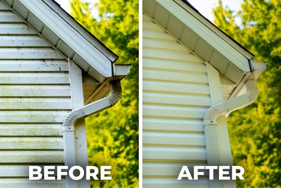 Dirty corner of house siding and downspout next to photo of clean corner of home to show before and after power washing