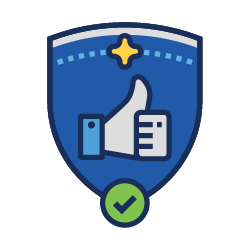 Badge-shaped icon of a thumbs-up with a check mark below it