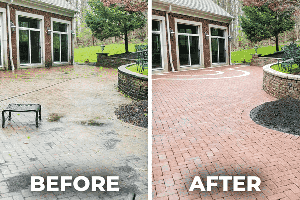Dirty brick patio next to clean brick patio to show results of power washing, before and after text under each photo