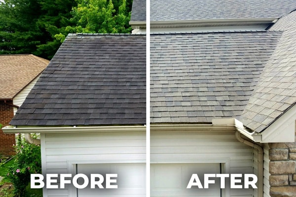 Before and after photo of professional roof treatment service. Untreated portion on the left has black streaking and algae. Treated portion on right looks like a new roof.