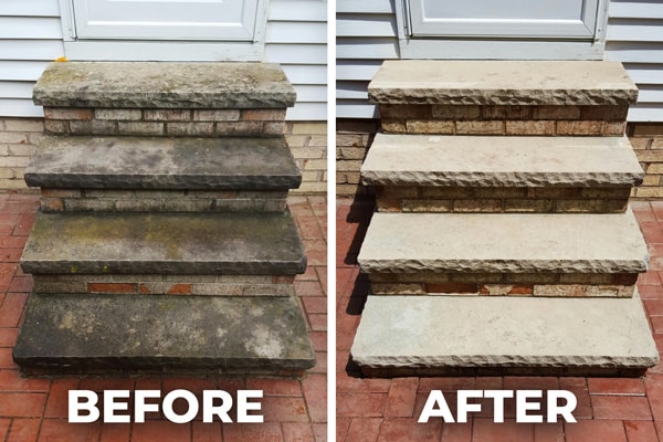 Before and after patio power washing. Left side shows dirty steps, right side shows perfectly clean steps.