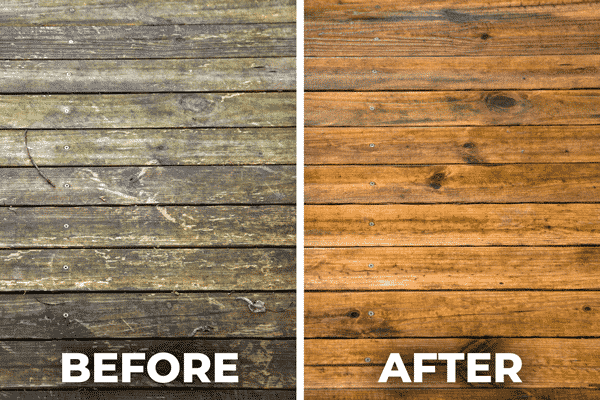 Dirty wooden deck floor next to freshly cleaned wooden deck floor with before and after text under each photo