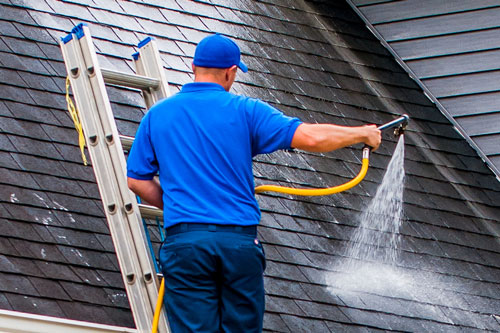 Technician Soft Washing Roof Shingles