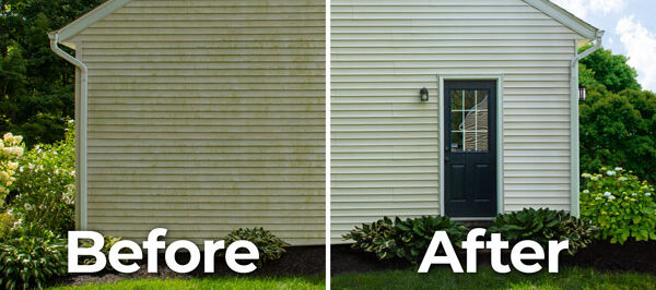 Photo of a house before and after being power washed