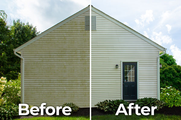 Photo of a house before and after being power washed