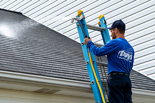 Perfect Power Wash technician performing a roof treatment on a ladder