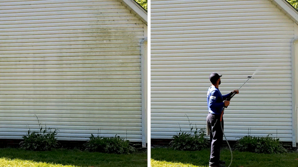 Gif showing side by side of dirty (left) and clean (right) vinyl siding. The left side shows a Perfect Power Wash technician rinsing the clean siding.